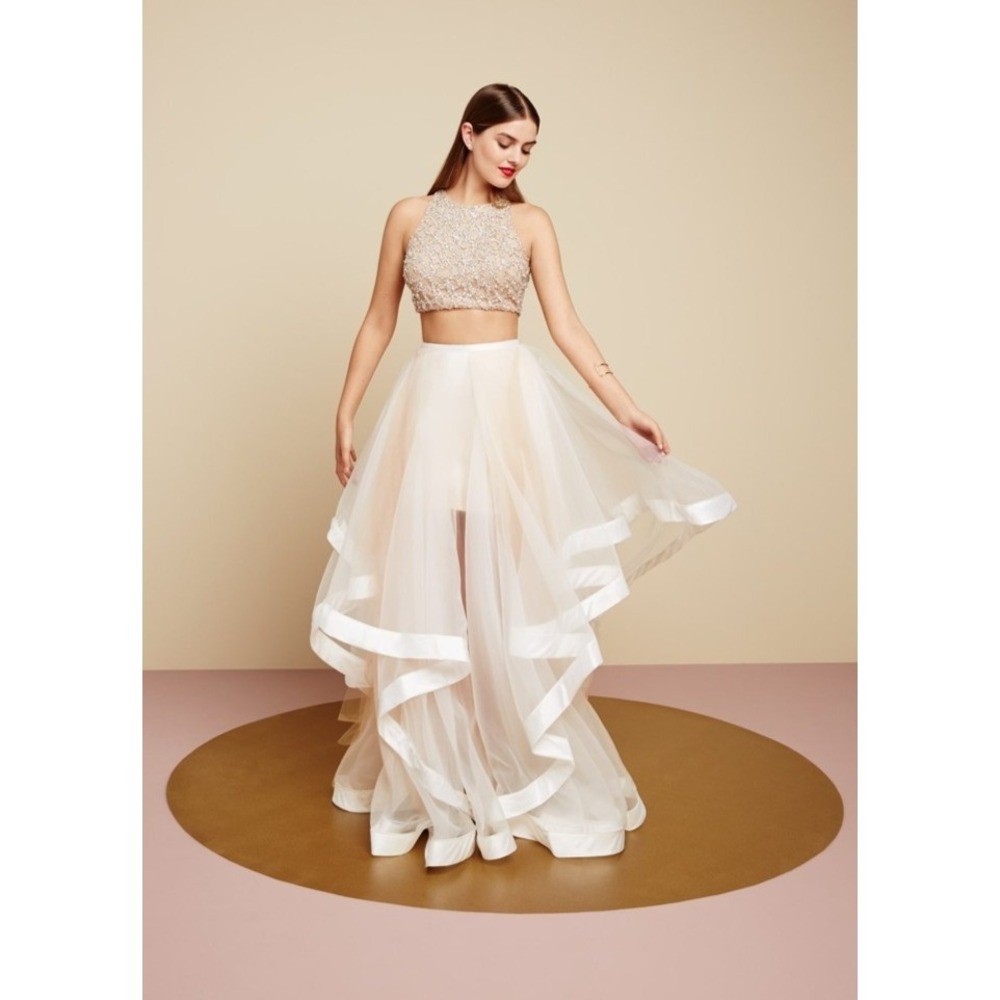 Terani Couture Glamour High-Low Tulle Skirt Ivory Champagne Formal Prom Size 12